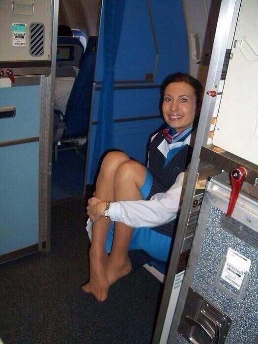Stewardess pantyhose footjob